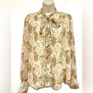 Women's Joie Cream and Gold Paisley Tie-Neck Blouse long sleeve